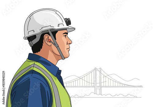 Construction worker in hard hat and vest with bridge illustration.