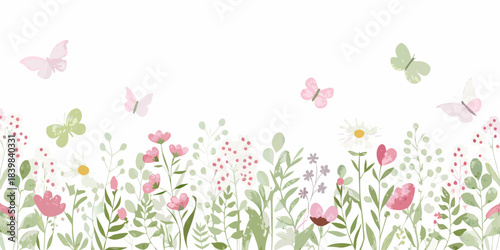 Watercolor floral border with delicate butterflies and blooming wildflowers