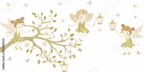 Whimsical illustration of three fairies amidst blossoming branches and fluttering butterflies
