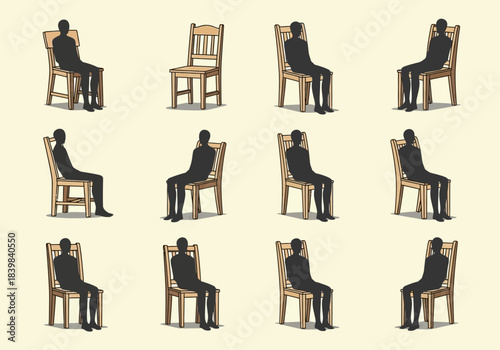 Silhouettes of people sitting on chairs in various poses.
