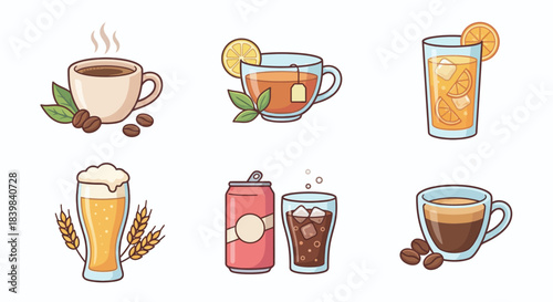 Beverage Drink Icons Collection Illustration - coffee, latte, tea, juice, orange, beer, soda, milk