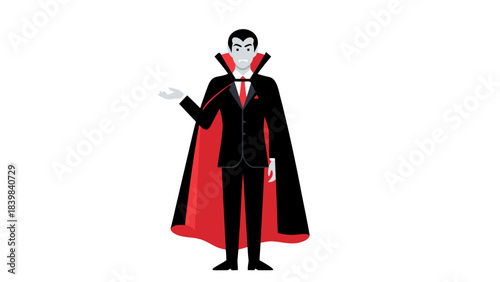 Pixel Art Vampire Character Wearing A Black Suit Red Cape And White Shirt With Red Tie Standing Against A Solid Black Background With One Hand Extended Offering A Greeting