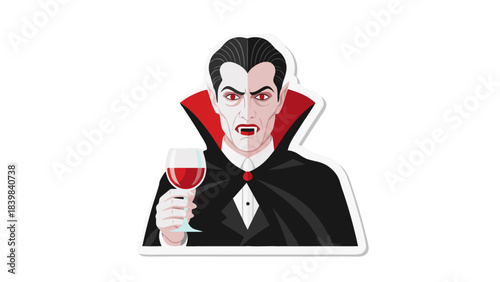 Pixel Art Vampire Holding Red Wine Glass with Fangs and Red Eyes in Formal Attire and Cape on Black Background