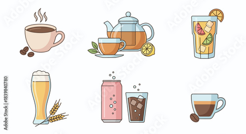 Beverage Drink Icons Collection Illustration - coffee, latte, tea, juice, orange, beer, soda, milk