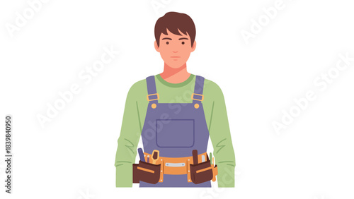 Pixelated Illustration of a Male Construction Worker Wearing Blue Overalls and Green Long Sleeve Shirt With a Tool Belt and Serious Expression