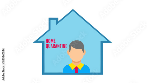 Pixelated Illustration of a Man Inside a Light Blue House Silhouette with Text HOME QUARANTINE Inside Against Black Background