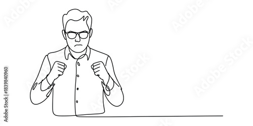 Angry businessman with fists clenched, one line drawing