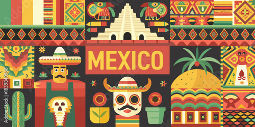 A colorful illustration showcasing traditional mexican culture and iconic symbols