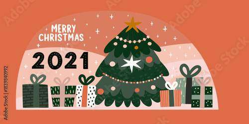 Festive christmas illustration featuring a tree gifts and the year 2021