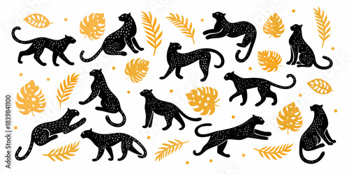 Playful monkey silhouettes and tropical leaves in a vibrant artistic pattern