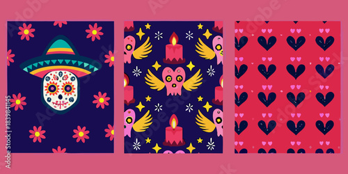 Colorful day of the dead patterns with skulls candles and festive designs