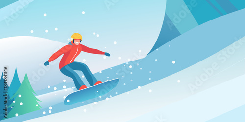 A skier gracefully descends a snowy mountain slope in a vibrant illustration