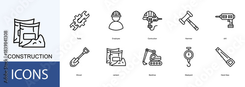 CONSTRUCTION icon collection set. Containing Tools, Employee, Hammer, drill, Shovel icon