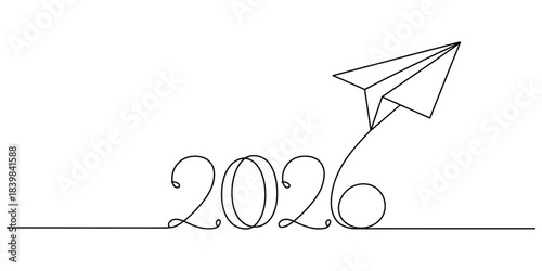 New year 2026 concept with paper airplane flying upwards in line art style