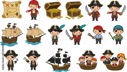 Cute cartoon pirate characters, treasure maps, pirate ships, and gold chest collection for kids sea adventure theme, cad drawing flat vector illustration
