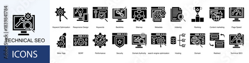 technical seo icon collection set. Containing Keywords, Backlinks, Sitemap, Metadata, Indexing, Ranking, Content marketing icon