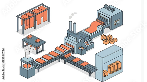 Industrial production line with conveyor belt and machinery in a factory