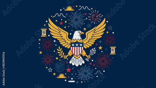 American bald eagle emblem with fireworks on dark blue background