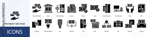 payment method icon collection set. Containing Bank, Online Banking, Invoice, Money, Cash, Online Payment icon