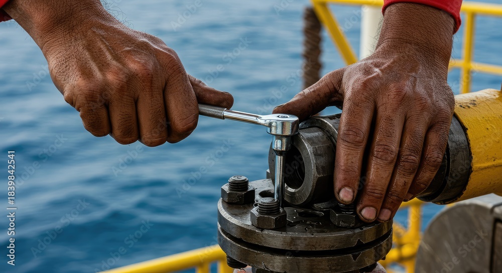 Naklejka premium Close-up of Mechanic's Hands Tightening Bolt with Wrench, Sea Background