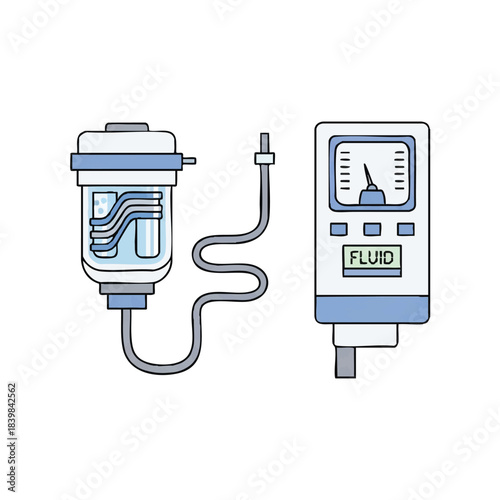 Line drawing of a medical IV fluid pump and bag with tube on a white background.