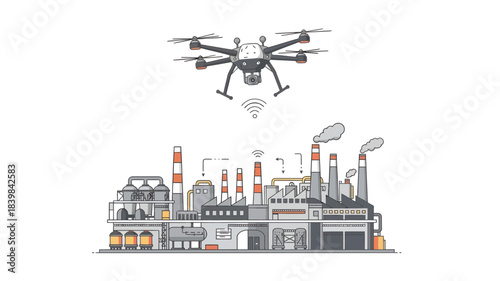 Illustration of a drone flying over an industrial factory with smokestacks and machinery