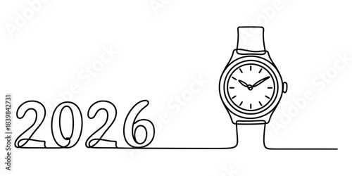 A line drawing of a watch and the year 2026 in a continuous line