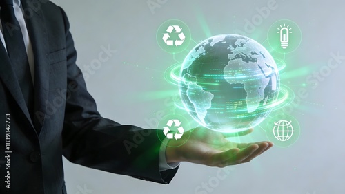 Businessman holding glowing globe with icons
