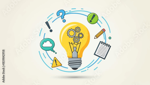 Illumination of Idea: A creative concept of a light bulb surrounded by various idea symbols, showcasing the generation of thoughts and problem-solving strategies.