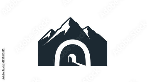 Mountain Tunnel Logo: A sleek logo design featuring a majestic mountain range silhouette and a tunnel entrance, symbolizing passage, exploration, and the overcoming of obstacles. 