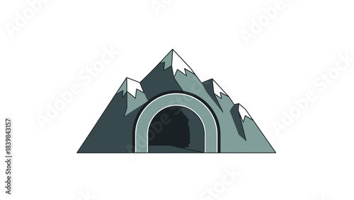 Mountain Tunnel: A stylized illustration presents a majestic mountain range featuring a dark tunnel entrance. The artwork captures the essence of exploration and adventure