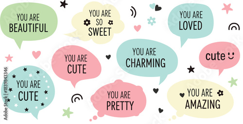 Colorful Vector Speech Bubbles Collection with Positive Affirmations Like "You Are Beautiful," "You Are Loved," and "You Are Amazing" for Motivational Posters and Social Media Graphics
