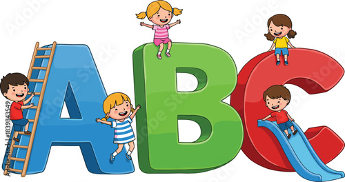 Happy kids playing with ABC letters, colorful alphabet learning illustration for children education concept, joyful preschool activity, cad drawing flat vector illustration