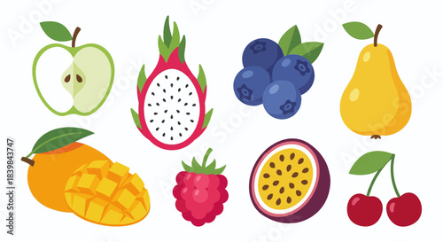 Colorful Fruit Set Vector Illustration -  apple, pear, mango, berry, blueberry, raspberry, cherry, dragonfruit