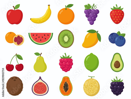 Colorful Fruit Set Vector Illustration -  apple, pear, mango, berry, blueberry, raspberry, cherry, dragonfruit