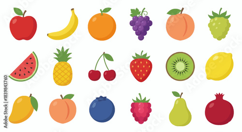 Colorful Fruit Set Vector Illustration -  apple, pear, mango, berry, blueberry, raspberry, cherry, dragonfruit