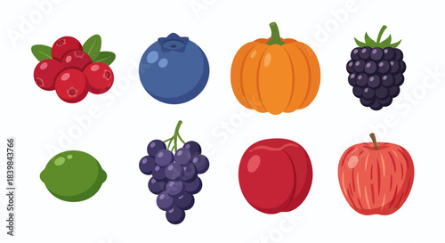 Colorful Fruit Set Vector Illustration -  apple, pear, mango, berry, blueberry, raspberry, cherry, dragonfruit