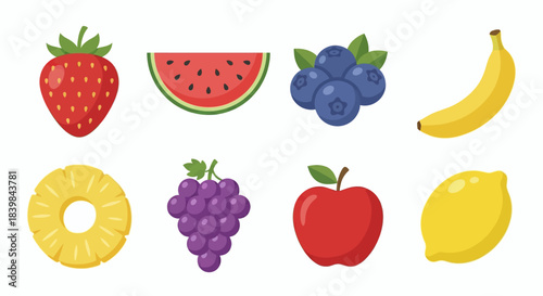 Colorful Fruit Set Vector Illustration -  apple, pear, mango, berry, blueberry, raspberry, cherry, dragonfruit