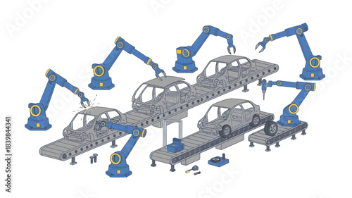 Industrial robotic arms assembling car bodies on a production line with a futuristic and technological mood.