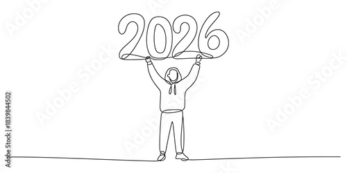One line drawing of person holding up the year 2026