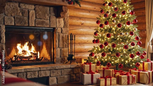 Cozy Christmas Scene With Lit Fireplace Decorated Tree and Wrapped Gifts Golden Red Ambiance