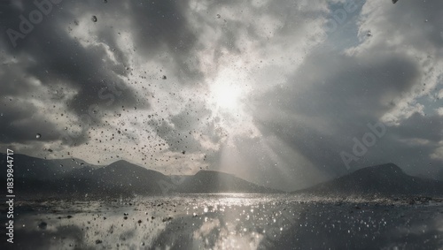 Dramatic Sun Rays Breaking Through Stormy Clouds Over Mountains and Water.