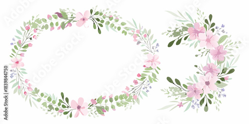 A delicate floral wreath with pink blossoms and lush green foliage