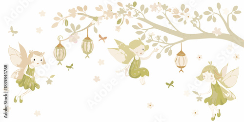 A whimsical scene of fairies among blossoming branches and glowing lanterns