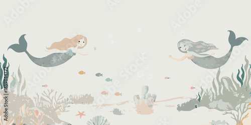 Two whimsical mermaids playfully swim amongst coral and small fish