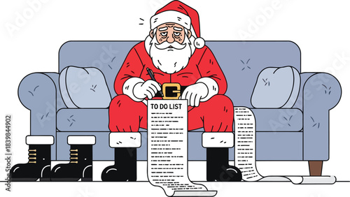 Overworked Santa Claus Writing a Long Christmas To-Do List During Holiday Rush flat design vector editable EPS
