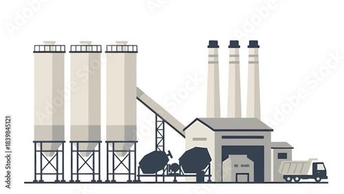 Industrial factory complex with silos and smokestacks against a white background
