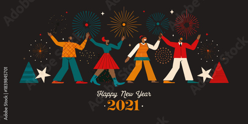 Celebrating new year s eve people cheering with fireworks in the night