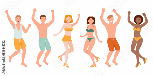 Diverse group of people in swimwear joyfully raising their arms and dancing