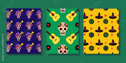 Colorful patterns of musical instruments skulls and hats in a triptych format